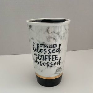 Stressed Blessed and Coffee obsessed traveling mug